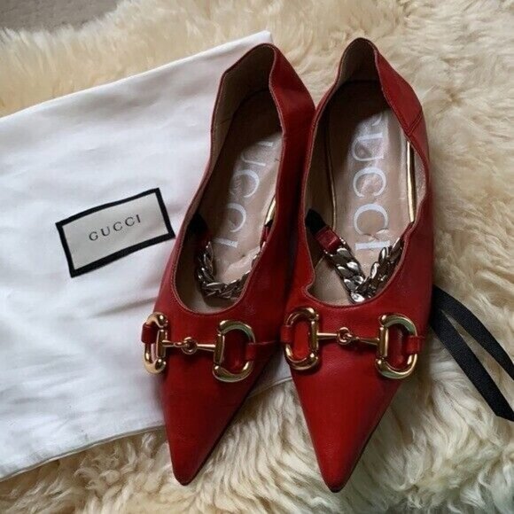 GUCCI Deva Red Lamb Leather Point Toe Horsebit Silver Chain Ballet Flats 35 - Picture 3 of 12